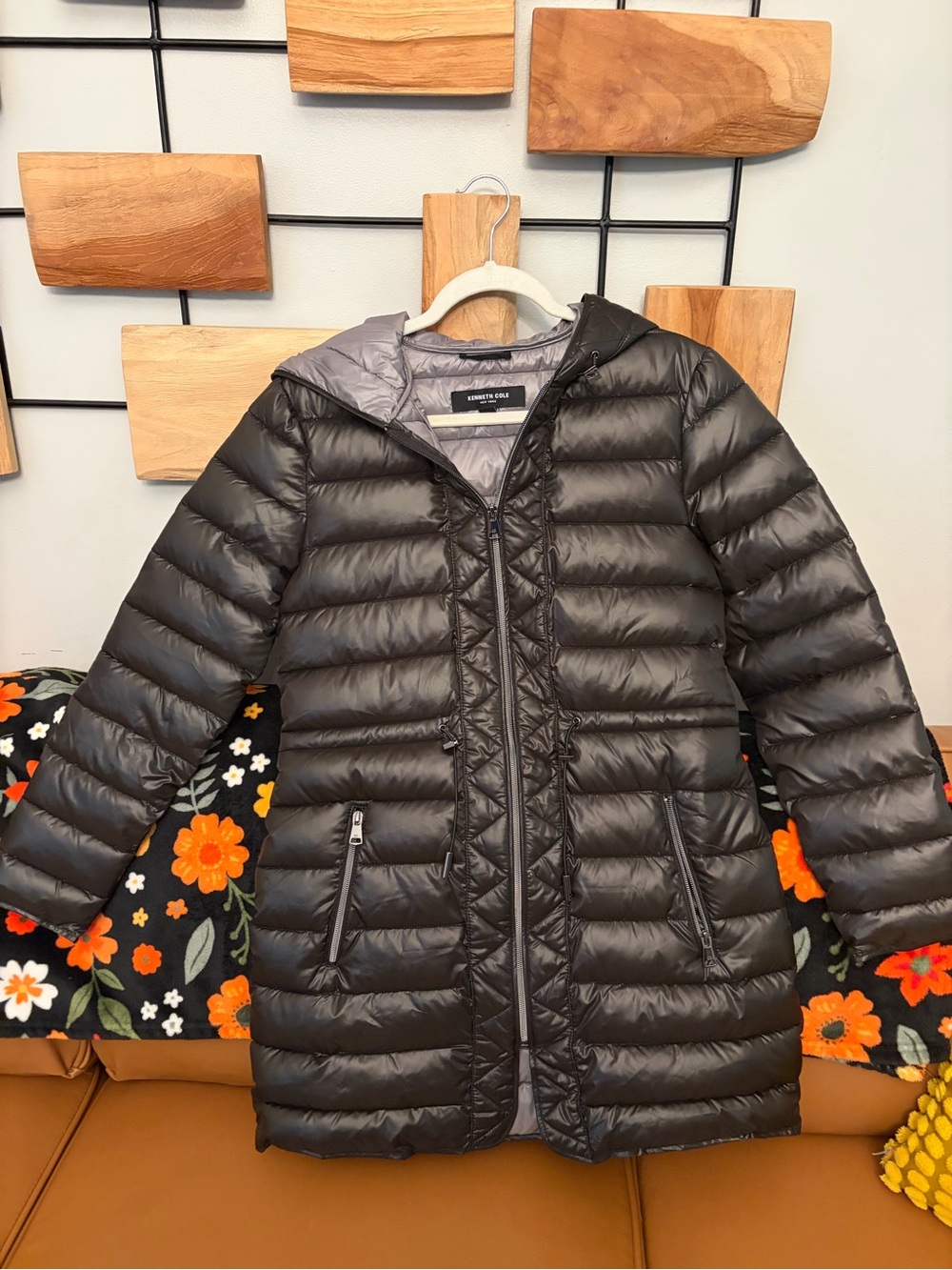 Kenneth Cole Women's Black Quilted Long Hooded Puffer Coat